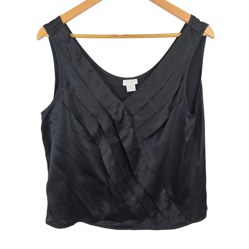 Fantasies by Morgan Taylor Black 100% Silk Pleated V-Neck Tank Top Womens Large